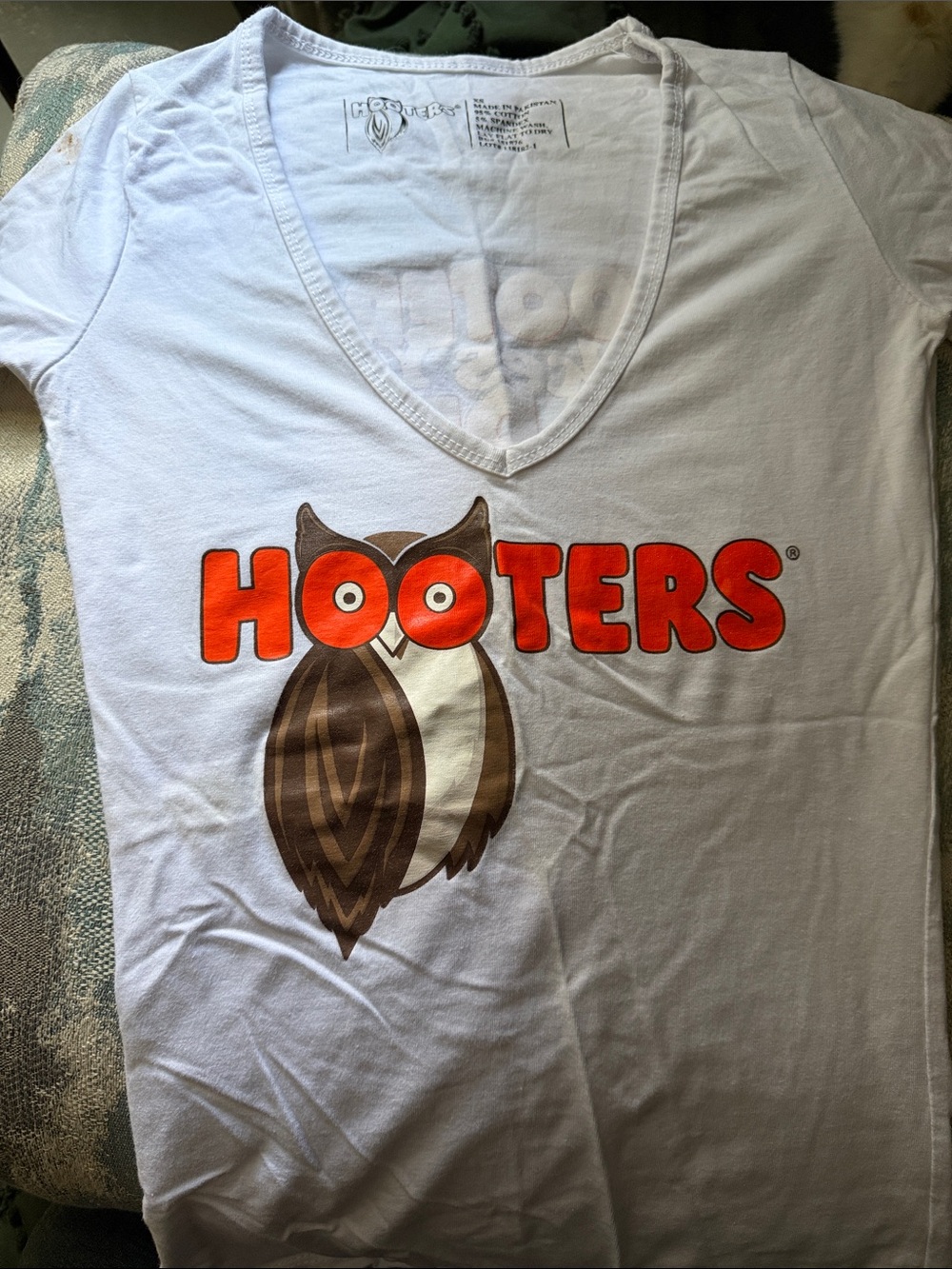 Hooters White V-Neck Tee with Orange Logo and Brown Owl